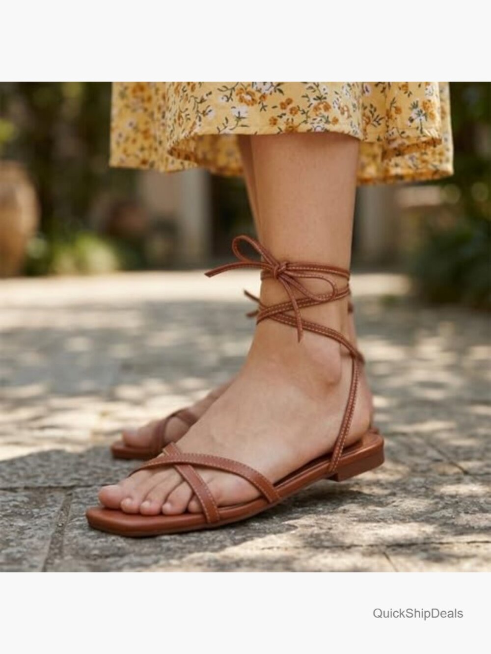 Leather Strappy Flat Sandals Square Toe Lace Up Slides - Picture 3 of 7